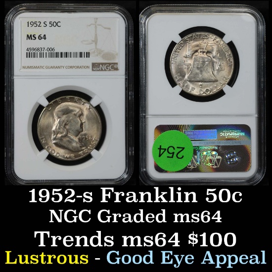 NGC 1952-s Franklin Half Dollar 50c Graded ms64 By NGC