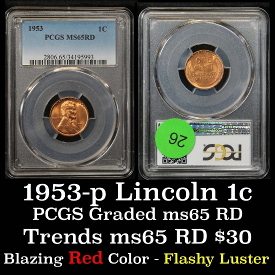 PCGS 1953-p Lincoln Cent 1c Graded ms65 rd By PCGS