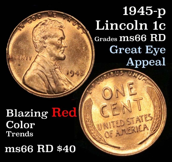 1945-p Lincoln Cent 1c Grades GEM+ Unc RD