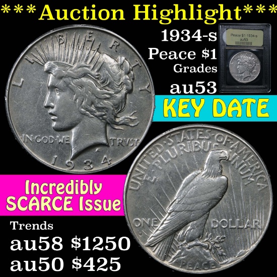 ***Auction Highlight*** 1934-s Peace Dollar $1 Graded Select AU by USCG. Ke