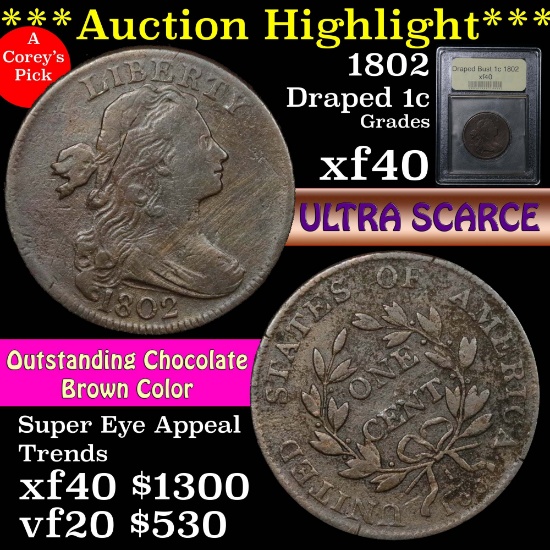 ***Auction Highlight*** 1802 Draped Bust Large Cent 1c Graded xf by USCG. O