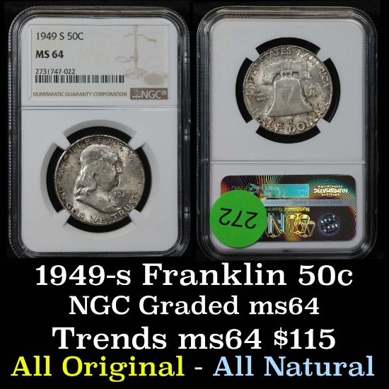 NGC 1949-s Franklin Half Dollar 50c Graded ms64 By NGC