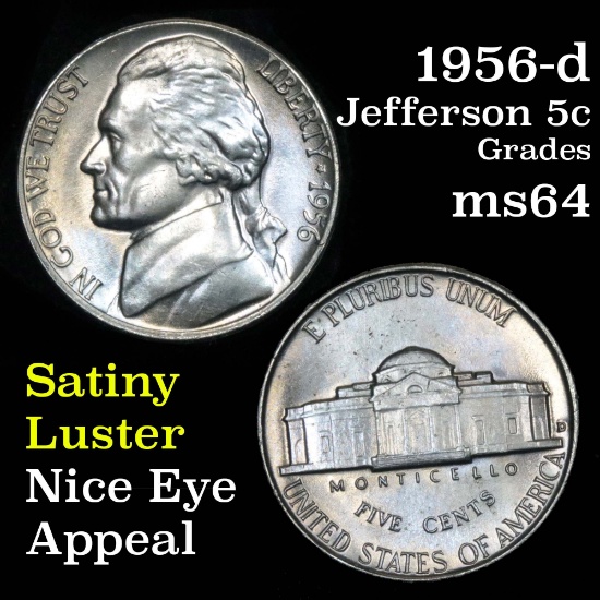 1956-d Jefferson Nickel 5c Grades Choice Unc