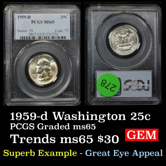 PCGS 1959-d Washington Quarter 25c Graded ms65 By PCGS