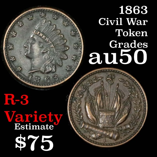 1863 Indian obverse, drums & cannon rev F# 80/351 Civil War Token Grades AU, Almost Unc