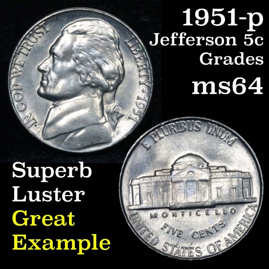 1951-p Jefferson Nickel 5c Grades Choice Unc