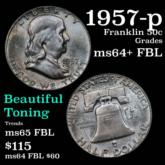 1957-p Franklin Half Dollar 50c Grades Choice Unc+ FBL