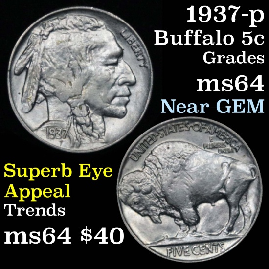 1937-p Buffalo Nickel 5c Grades Choice Unc