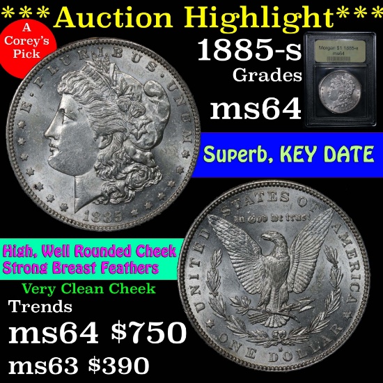 ***Auction Highlight*** Key date 1885-s Morgan Dollar $1 Graded Choice Unc By USCG Clean cheek (fc)