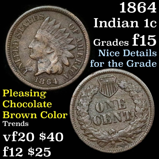 1864 bronze Indian Cent 1c Grades f+