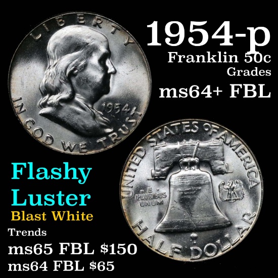 1954-p Franklin Half Dollar 50c Grades Choice Unc+ FBL
