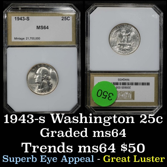 1943-s Washington Quarter 25c Graded ms64 By PCI