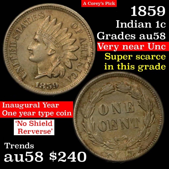 1859 Indian Cent 1c Grades Choice AU/BU Slider