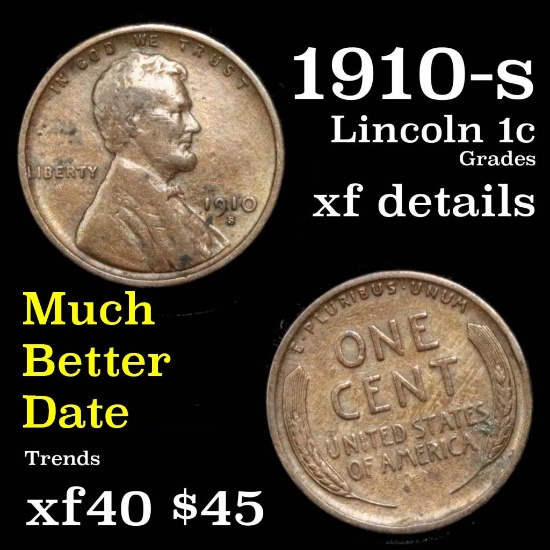 1910-s Lincoln Cent 1c Grades xf details