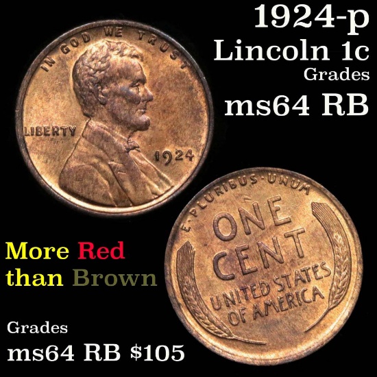 1924-p Lincoln Cent 1c Grades Choice Unc RB