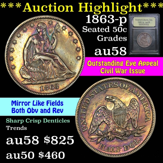 ***Auction Highlight*** 1863-p Seated Half Dollar 50c Graded Choice AU/BU Slider by USCG (fc)