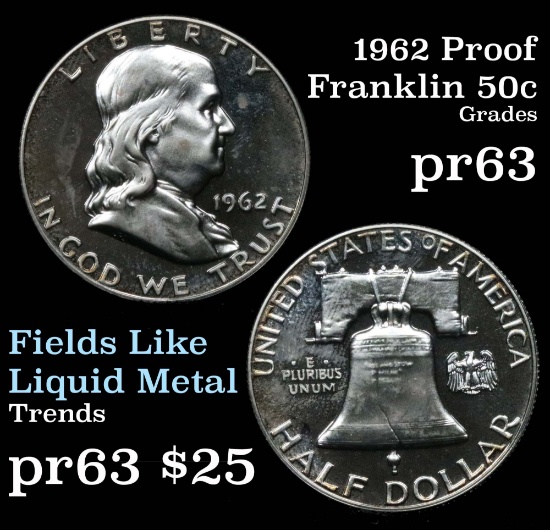 1962 Proof Franklin Half dollar 50c Grades Select Proof