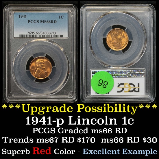 PCGS 1941-p Lincoln Cent 1c Graded ms66 rd By PCGS