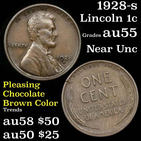 1928-s Lincoln Cent 1c Grades Choice AU