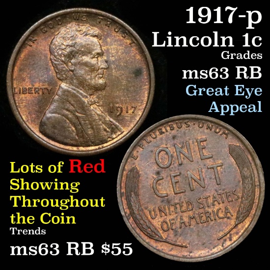 1917-p Lincoln Cent 1c Grades Select Unc RB