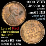 1909 VDB Lincoln Cent 1c Grades Unc+ RB