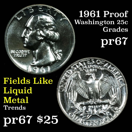 1961 Proof Proof Washington Quarter 25c Grades GEM++ Proof