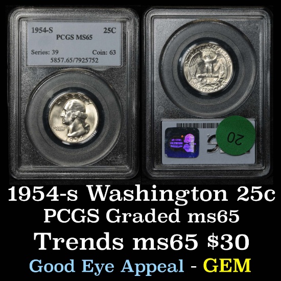 PCGS 1954-s Washington Quarter 25c Graded ms65 By PCGS