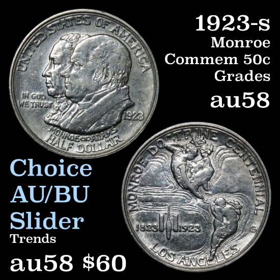 1923-s  Monroe Old Commem Half Dollar 50c Grades Choice AU/BU Slider