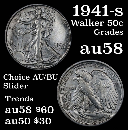 1941-s Walking Liberty Half Dollar 50c Grades Choice AU/BU Slider