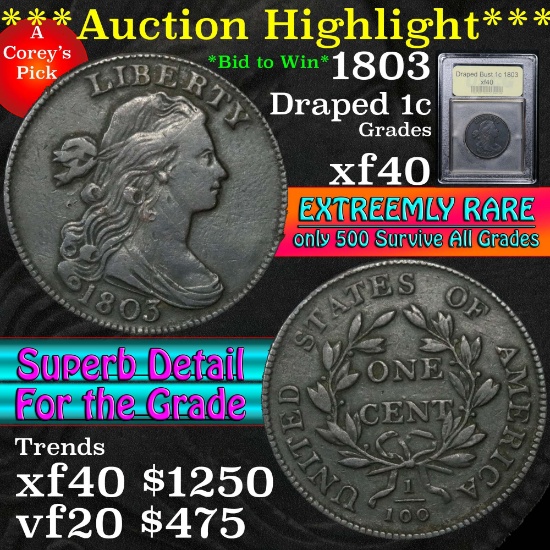 ***Auction Highlight*** 1803 Draped Bust Large Cent 1c Graded xf by USCG (fc)