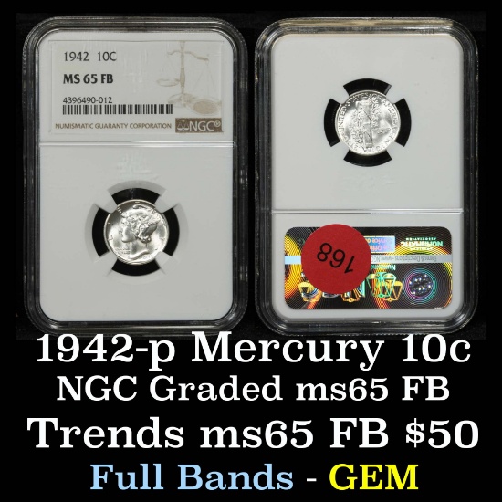NGC 1942-p Mercury Dime 10c Graded ms65 FB By NGC