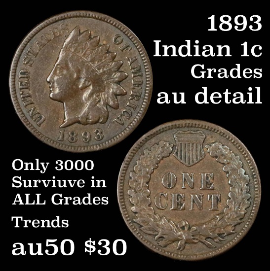 1893 Indian Cent 1c Grades AU Details