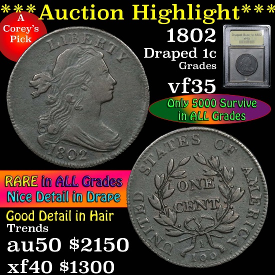***Auction Highlight*** 1802 Draped Bust Large Cent 1c Graded xf+ by USCG (fc)