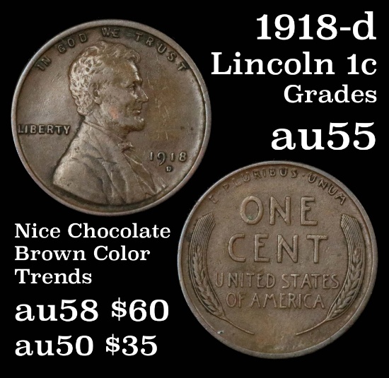 1918-d Lincoln Cent 1c Grades Choice AU