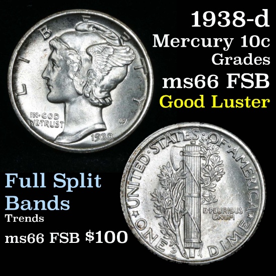 1938-d Mercury Dime 10c Grades GEM+ FSB