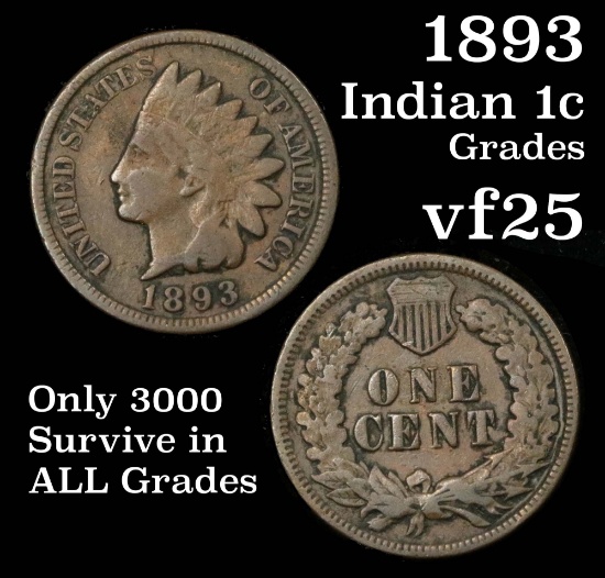 1893 Indian Cent 1c Grades vf+