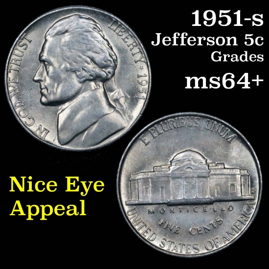 1951-s Jefferson Nickel 5c Grades Choice+ Unc