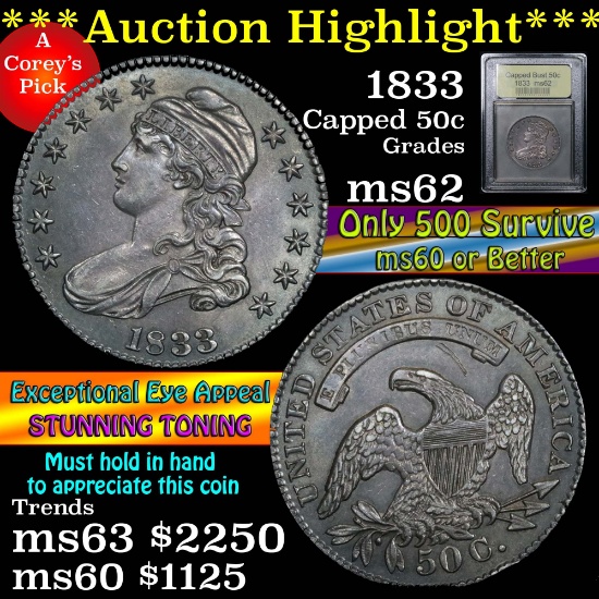 ***Auction Highlight*** 1833 Capped Bust Half Dollar 50c Graded Select Unc