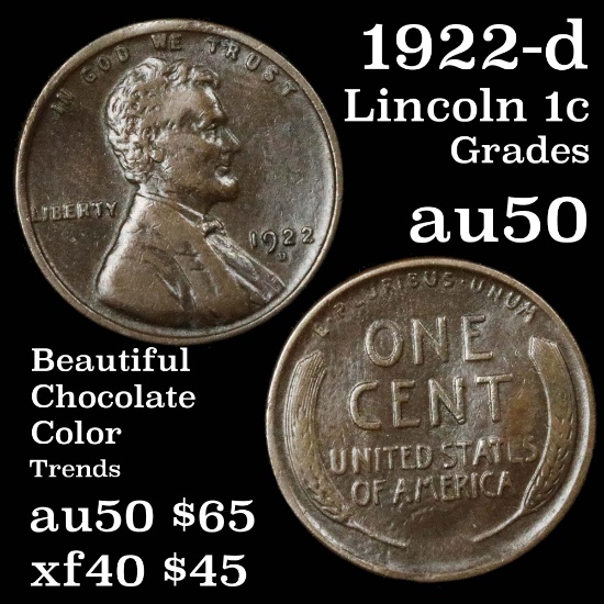 1922-d Lincoln Cent 1c Grades AU, Almost Unc