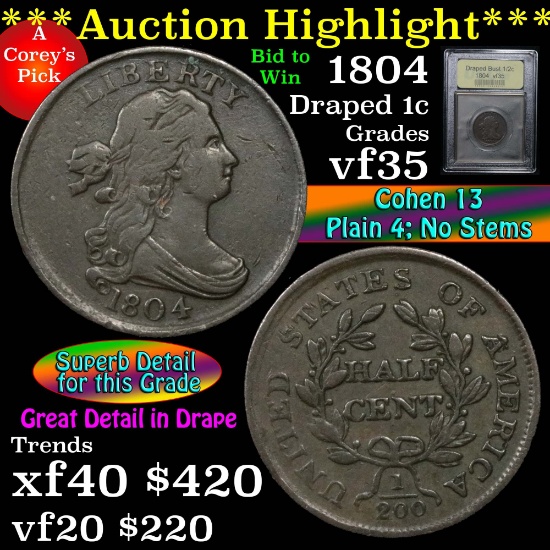 1804 Draped Bust Half Cent 1/2c Graded vf++ by USCG (fc)