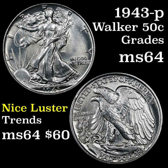 1943-p Walking Liberty Half Dollar 50c Grades Choice Unc