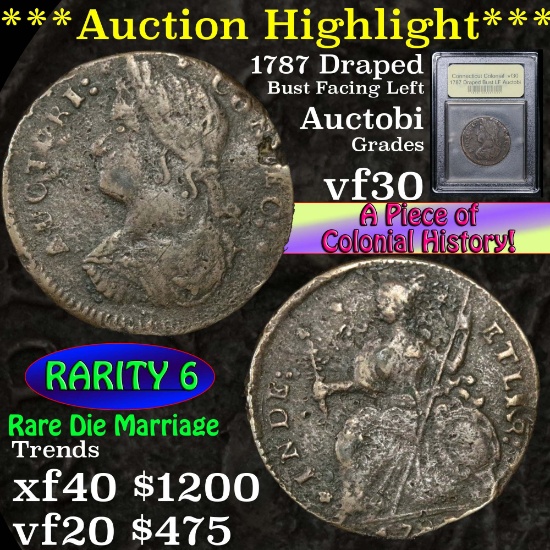 **Auction Highlight** 1787 Draped Bust facing left Auctobi Connecticut Copper Graded vf++ USCG (fc)