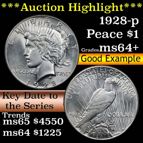 ***Auction Highlight*** 1928-p Peace Dollar $1 Grades Choice+ Unc (fc)