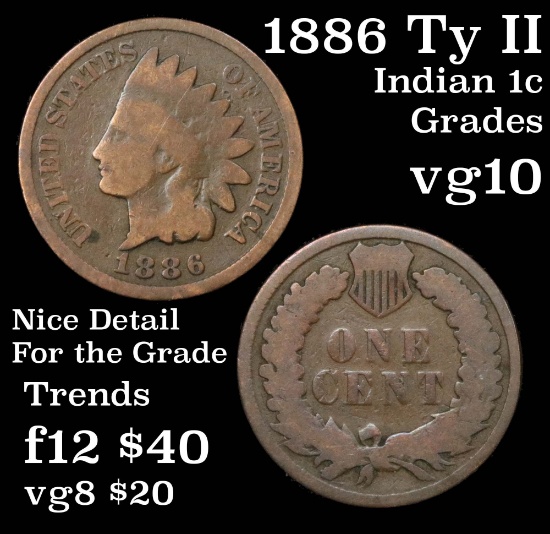 1886 Ty II Indian Cent 1c Grades vg+