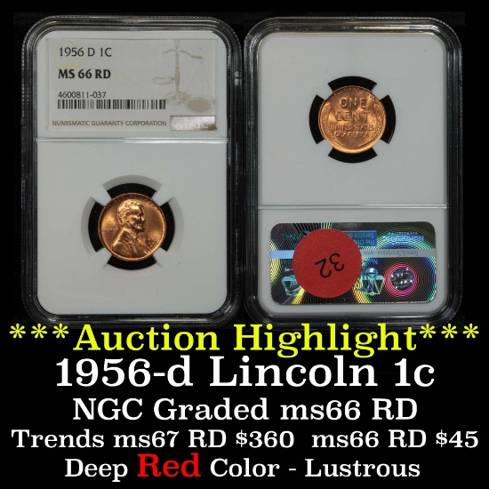 PCGS 1956-d Lincoln Cent 1c Graded ms66 RD By PCGS