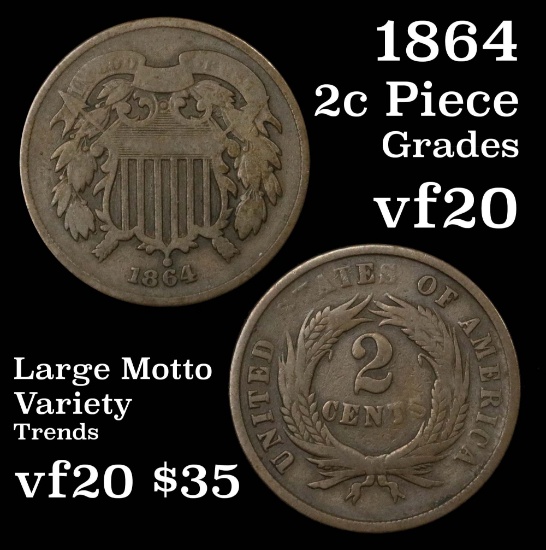1864 2 Cent Piece 2c Grades vf, very fine