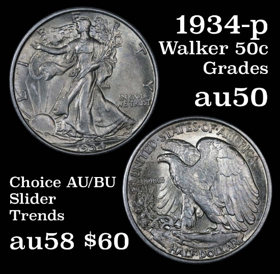 1934-p Walking Liberty Half Dollar 50c Grades Choice AU/BU Slider