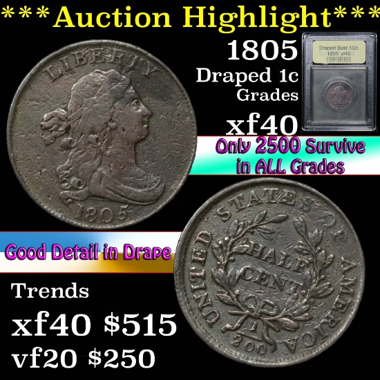 ***Auction Highlight*** 1805 Draped Bust Half Cent 1/2c Graded xf by USCG (fc)