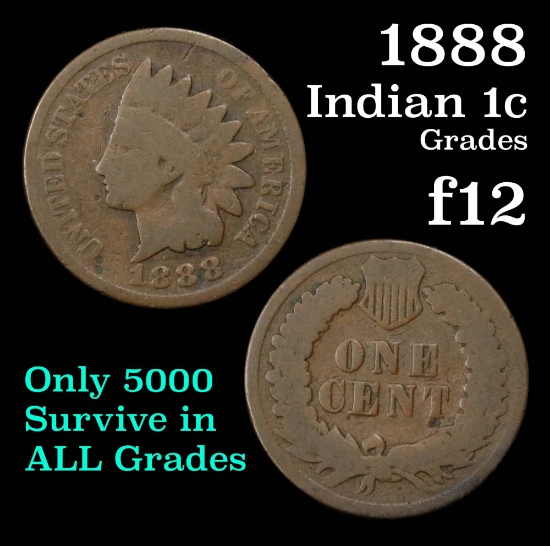 1888 Indian Cent 1c Grades f, fine