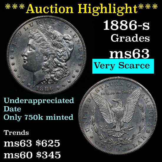 ***Auction Highlight*** Scarce 1886-s  Morgan Dollar $1 Grades Select Unc Much better date (fc)